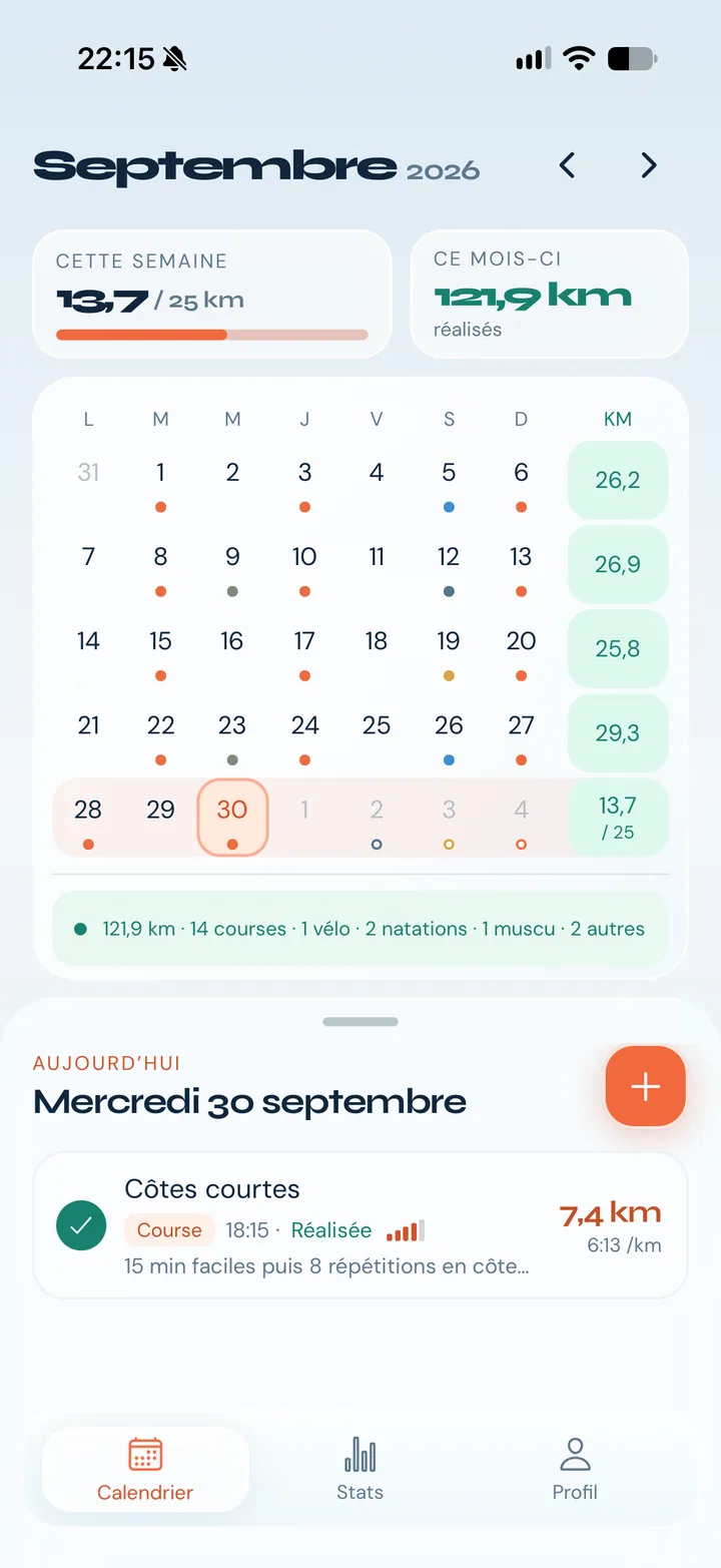 Capture du calendrier Calrun avec les séances et les kilomètres de septembre