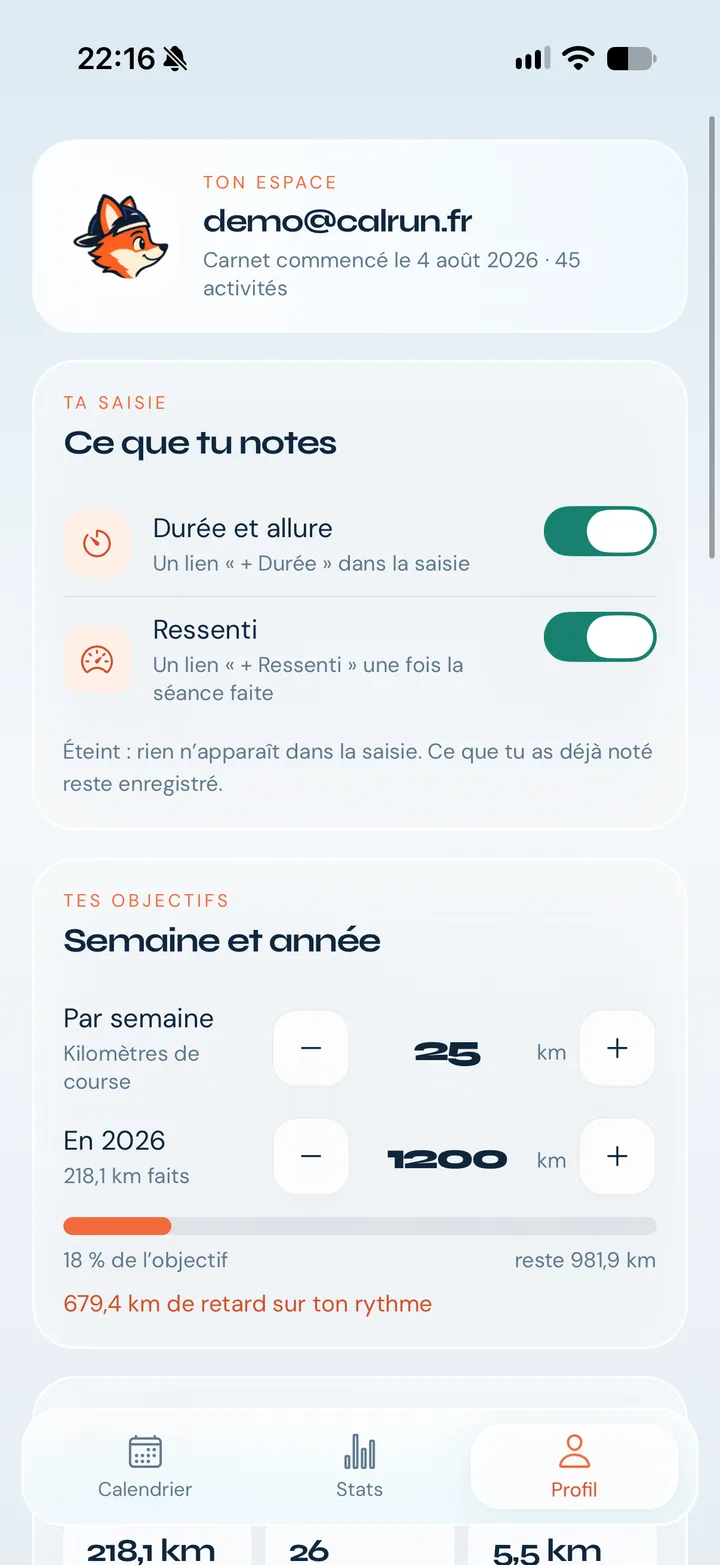 Profil et objectifs hebdomadaires Calrun